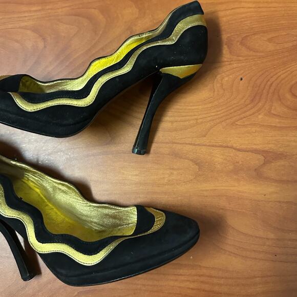 Prada Black Suede Colorblock Pumps Leather Designer Size 37 Gold Design Heels - Picture 7 of 16